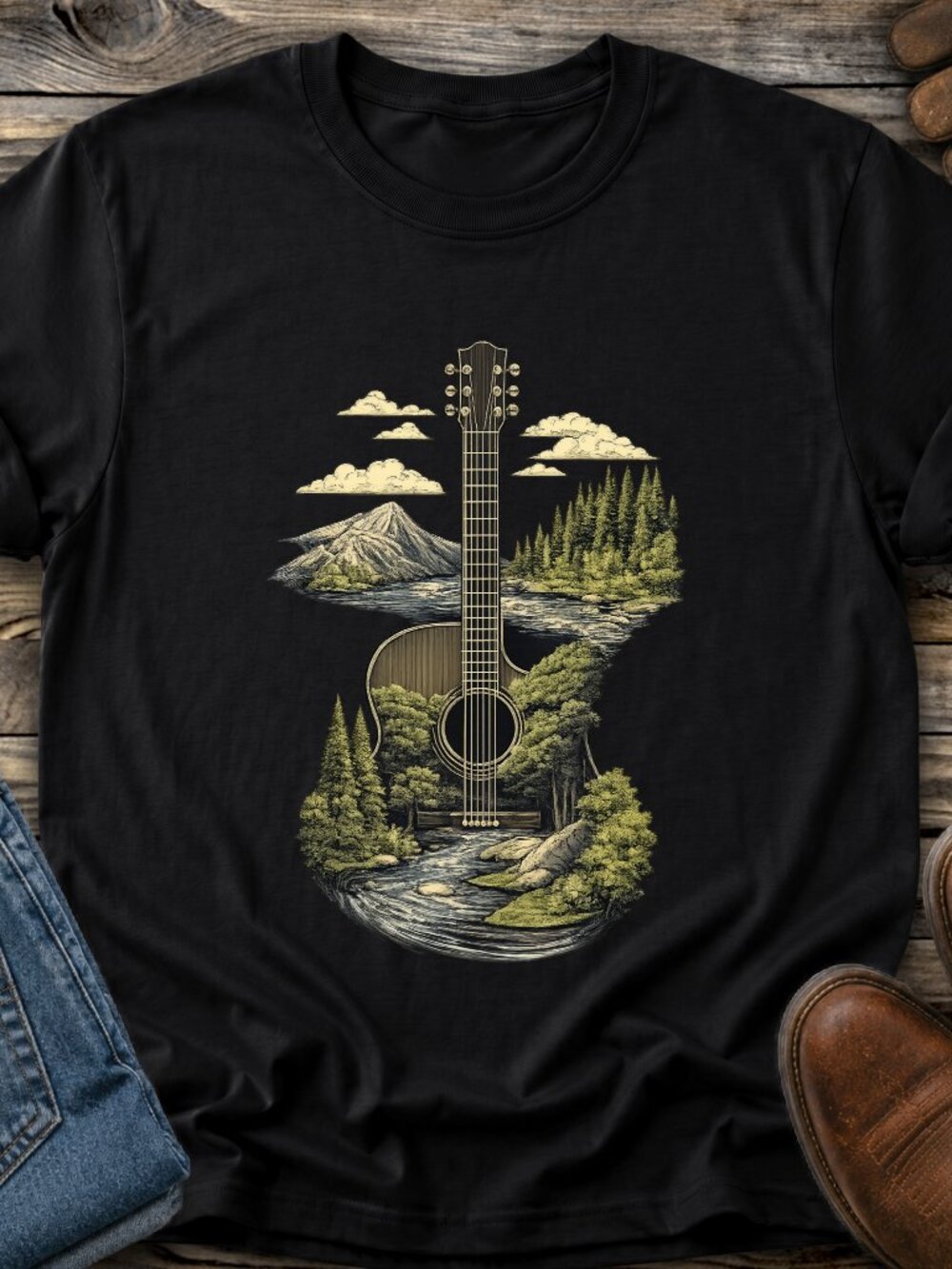 Guitar TShirt Graphic Tee Adult Unisex Country Western Nature Mountain Forest